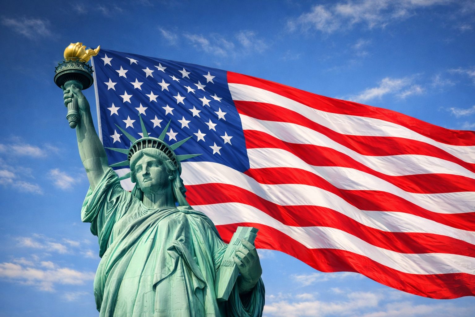 Statue of Liberty with American flag